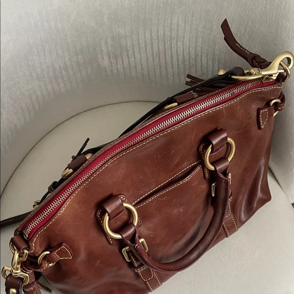 Dooney & Bourke Dark Brown Leather Florentine Satchel with Tassel Accent - Picture 7 of 9